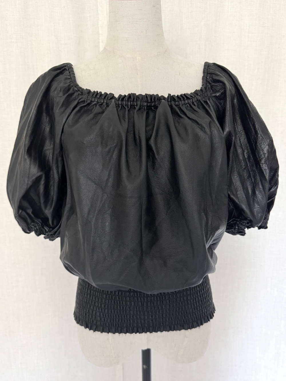 Ramy Brook Faux Leather Off Shoulder Puff Sleeve Smocked Top Black Size M